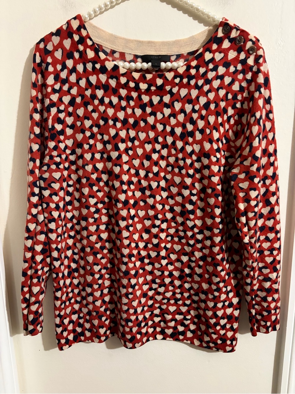 J. Crew Red 100% Wool Merino Heart Print Crewneck Sweater